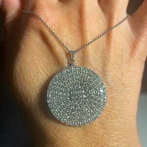 Vintage Round Swarovski crystal pave pendant. Silver chain & clasp.